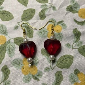 Elegant Red Heart Earrings with Pearls